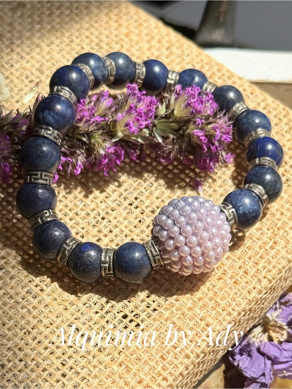 Alquimia Lapis Bead Bracelet with Pink Pearl Cluster